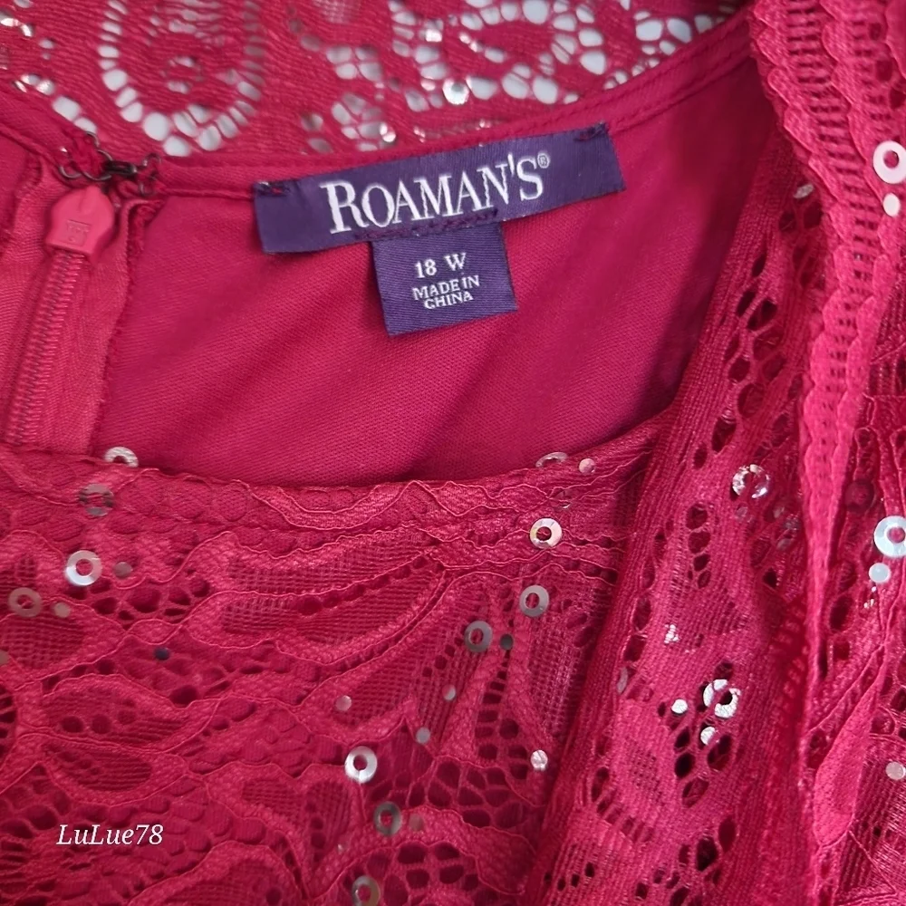 Roaman's Elegant Red Lace Sequin Women's Matching Duster & Dress Set 18W - Picture 6 of 15